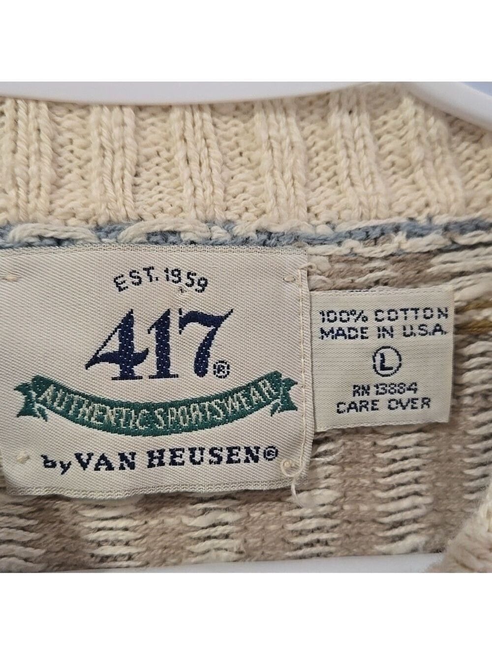 Retro 90's Van Heusen Beige and Blue Patterned Crewneck Cotton Knit Sweater - Picture 3 of 7